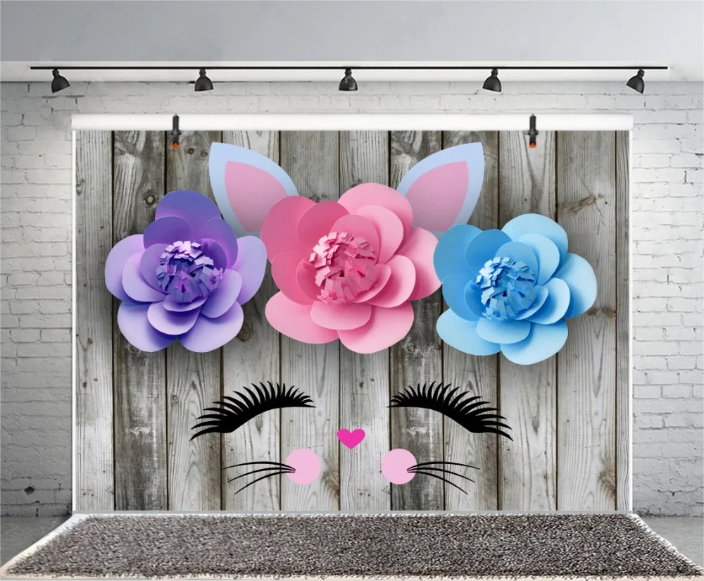 Laeacco Unicorn Backdrops Wooden Board Flower Birthday Doll Child Portrait Photographic Backgrounds Photocall Photo Studio