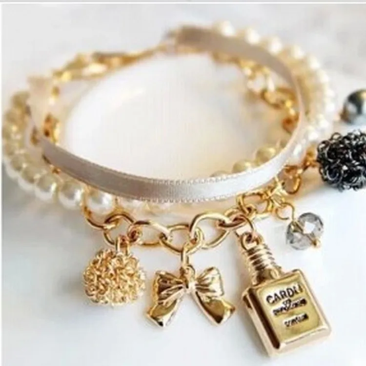 

Europe Decorative Perfume Bottles Jewelry Imitation Pearls Ribbon Bow Crystal Bracelet Women 2018 Bracelet Punk