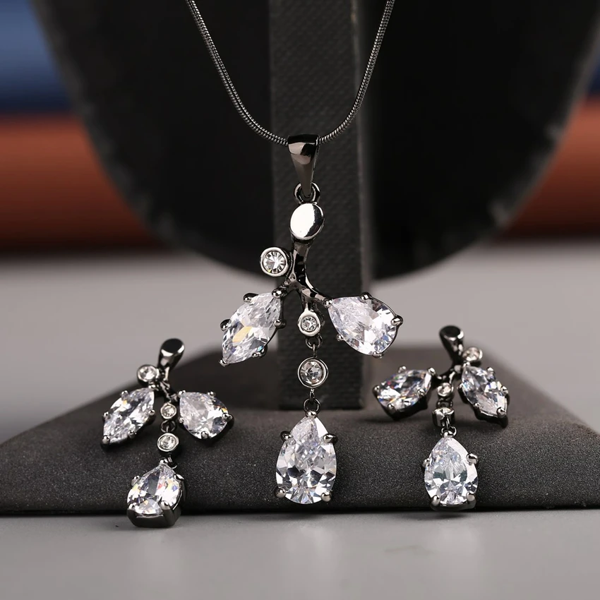 

ZHE FAN Teardrop Cut Jewelry Set Necklace Dangle Earring For Women Black Rhodium Color 2 Tone Plate Party For Christmas Day Gift