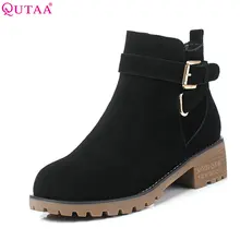 QUTAA/ г. Женские ботильоны с круглым носком Модные женские Универсальные ботинки из замши на квадратном каблуке, на молнии, в западном стиле размеры 34-40
