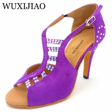 WUXIJIAO/Новинка; женская обувь для латинских танцев; Цвет фиолетовый, черный; уникальный дизайн; атласная Обувь для бальных танцев; стразы для танго