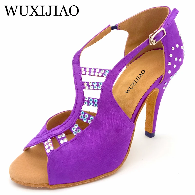 

WUXIJIAO Women New Latin Dance Shoes Sals purple/Black Unique Tailoring Design Satin Shoes For Ballroom Dancing Rhinestone Tango