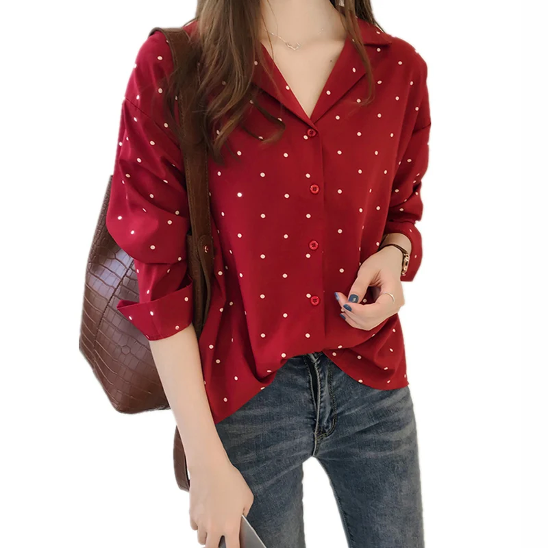 

M-4XL Plus Size Chiffon Blouse Long Sleeve Shirt Women Red Black Notched White Polka Dots Shirt Casual Tops Office Ladies Blouse