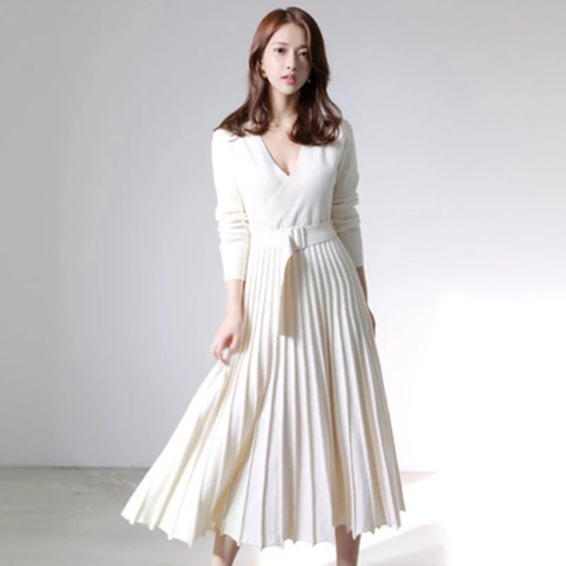 

Autumn Winter New Women Clothing Knitting Dress Long Sleeve Thicken Sweater Dress Vestidos Casual Sexy V Neck Belt Dress RE2502