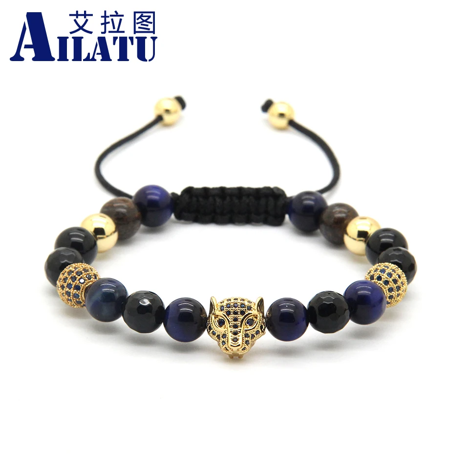 

Ailatu 8mm Blue Tiger Eye Stone Beads with Micro Paved Blue Zircons Macrame Leopard Bracelets