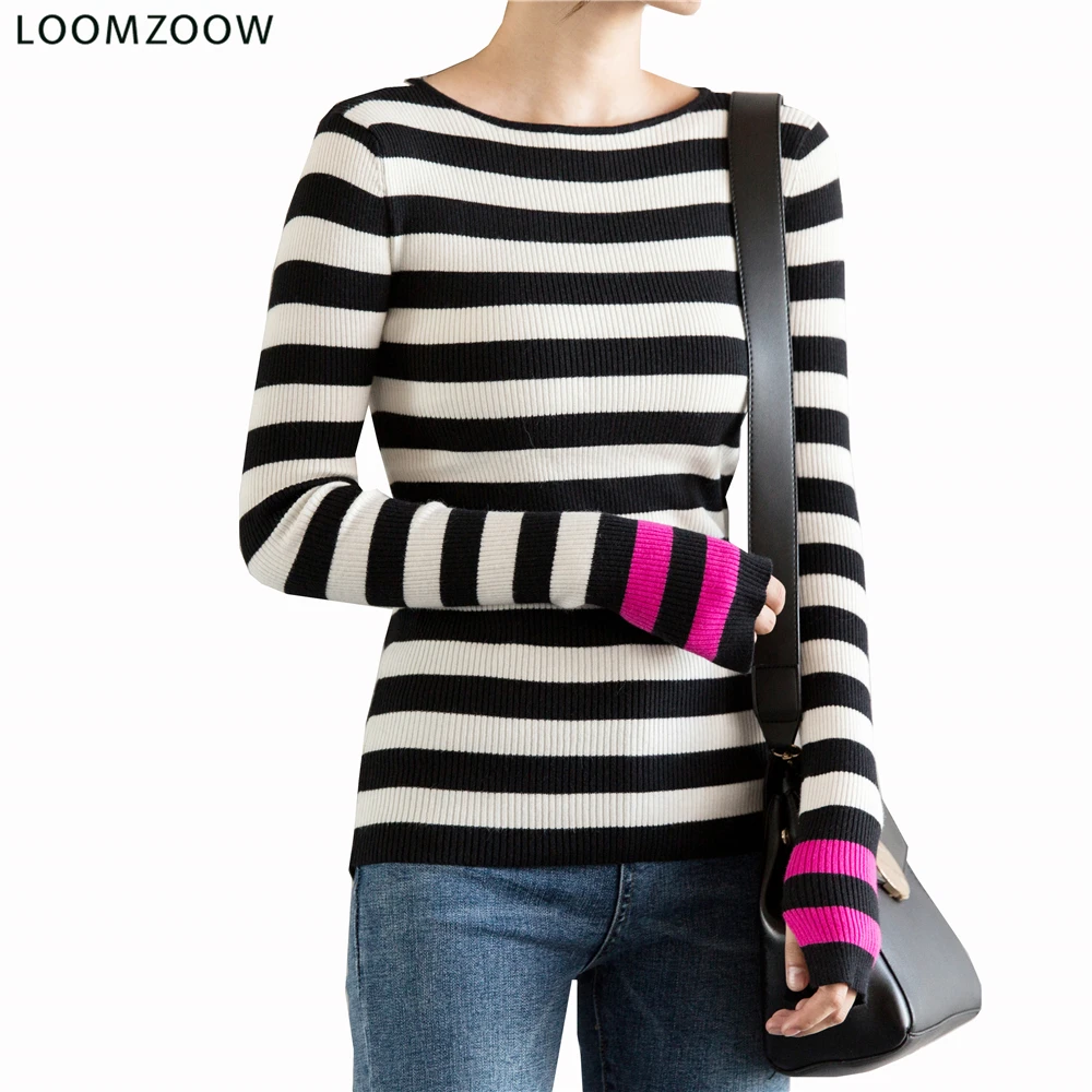 

Women Striped Knitted Sweaters Color Block O Neck Long Sleeve Slim Pullover Sweater Female Casual Top Spring Blouse Korean Style
