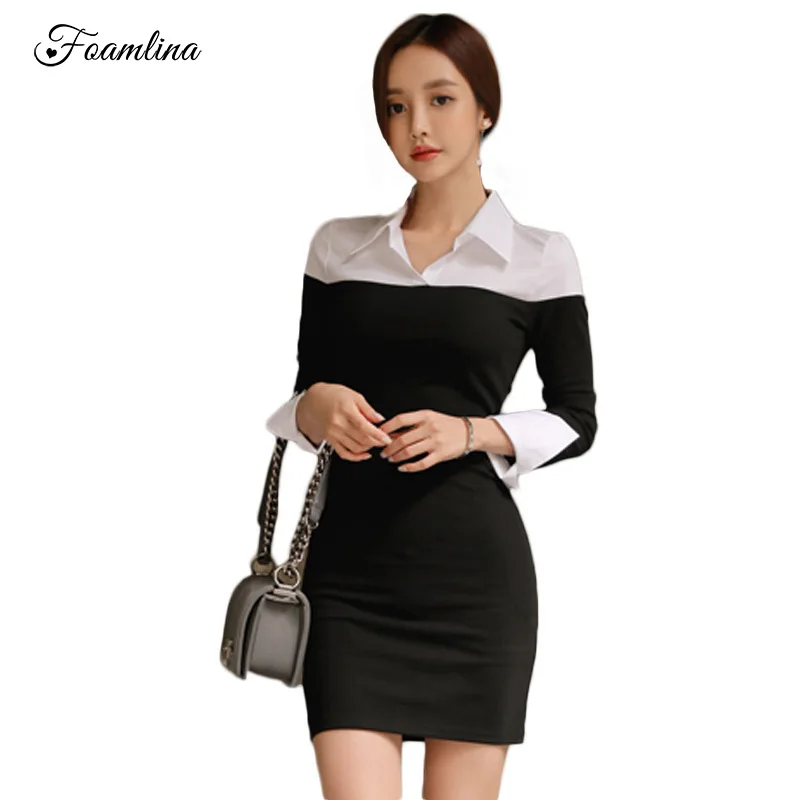 

Foamlina Casual Women Mini Pencil Dress Vestidos Fashion Patchwork Lapel Collar Long Sleeve Slim Fitted Bodycon Sheath Dresses
