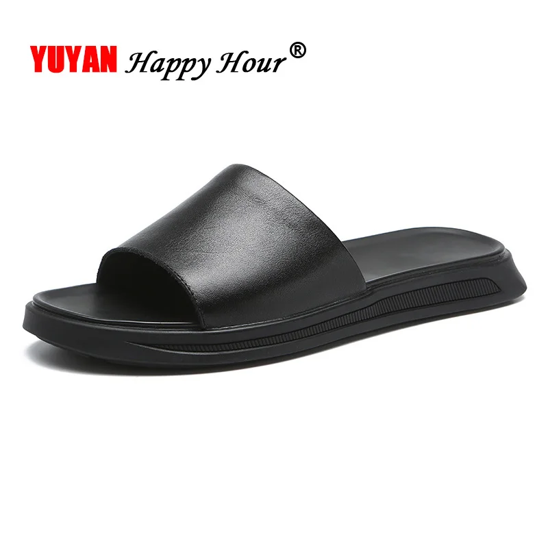 

Genuine Leather Shoes Men Slippers 2019 Summer Beach Sandals Male Shoes Flat Casual Cow Leather Black Slippers KA1242