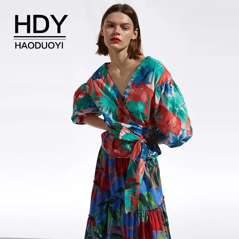 Женская блузка с тропическим принтом HDY Haoduoyi Летняя Повседневная Блузка бантом и