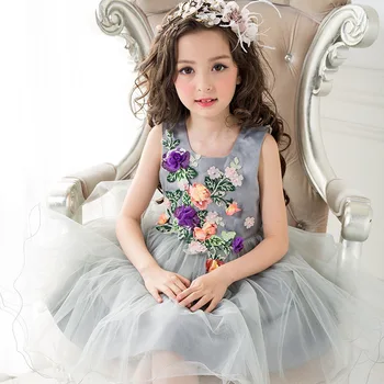 

girls children clothing gray flowers girls dress 2017 summer feestjurk meisje princess party