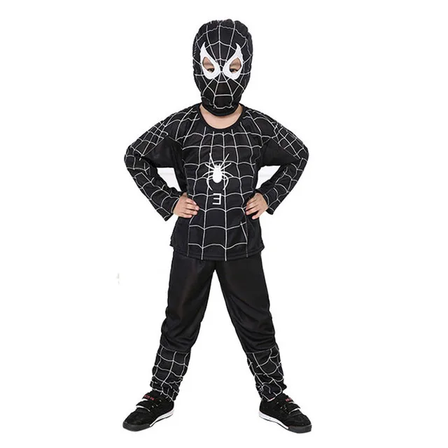Красный костюм Человека-паука для мальчиков, черный костюм Человека-паука на Хэллоуин для детей, Карнавальная одежда, шапка, штаны, накидка, маска - Цвет: Черный