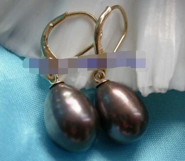 

free shipping 13378 big 13mm black freshwater pearls dangle earrings 14K