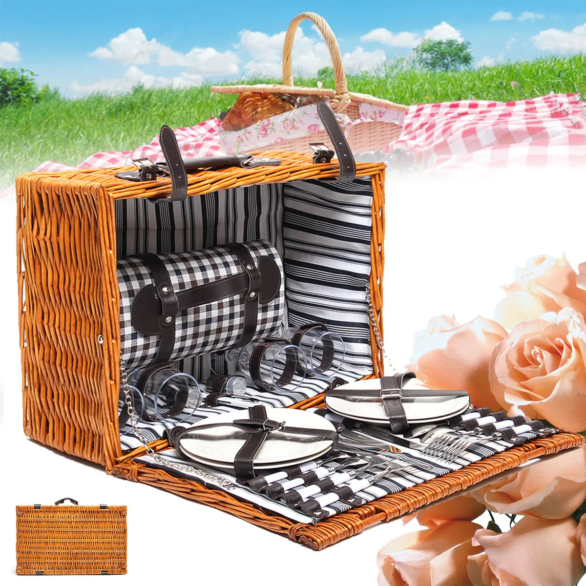 Juego de cesta de mimbre para comida de Picnic de 4 personas para viaje al aire libre con tapete de Picnic/juego de vajilla para Camping accesorios para fiestas de Picnic