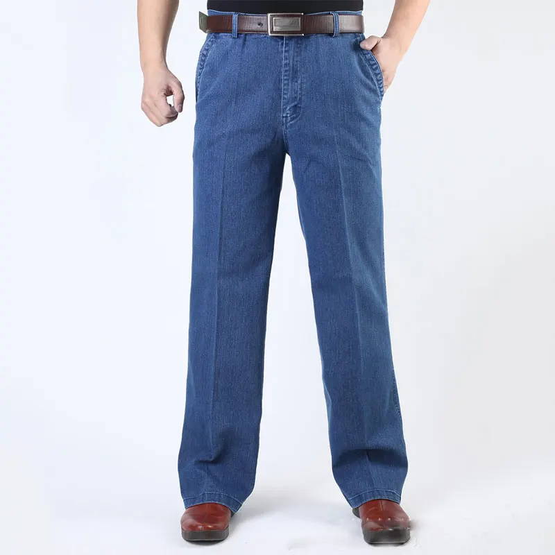 Мужские новые свободные прямые джинсы, мужские повседневные брюки с высокой талией, большие размеры, эластичные мужские брюки, размер 30-40, 42, 44 - Цвет: Light blue  thick