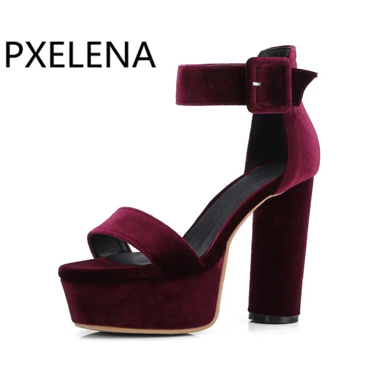 Женские вечерние босоножки PXELENA Элегантные Бархатные с круглым блочным высоким