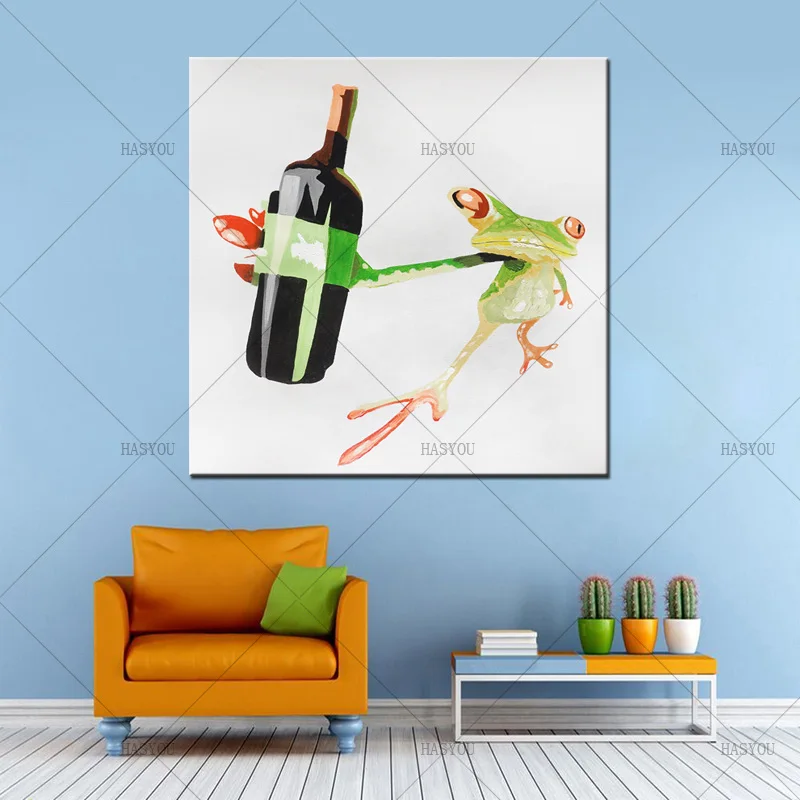 New-Design-Funny-Green-Frog-with-Winebottle-Hand-Painted-Abstract-Animal-Oil-Paintings-Acrylic-Canvas-Pictures