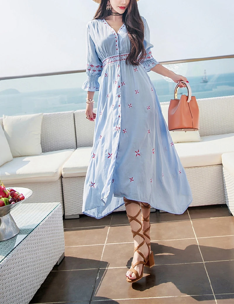 Винтажное платье-рубашка с цветочной вышивкой, женское хлопковое льняное летнее платье макси с длинным рукавом, богемное этническое праздничное пляжное платье, одежда