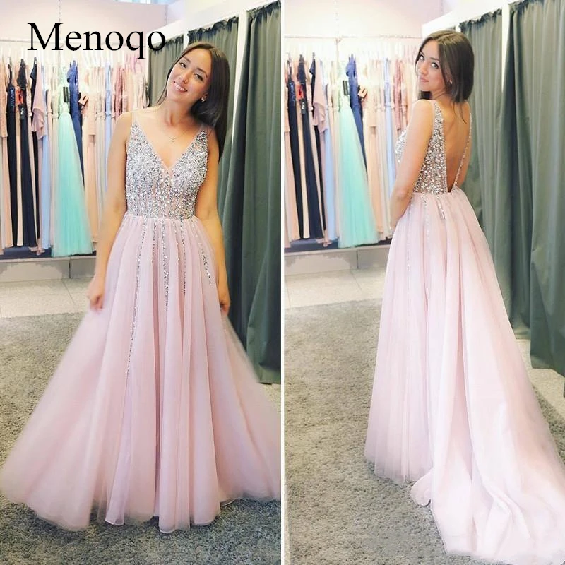 Pure Handmade Silver Beaded Sequins V Neck Prom Dresses Long A Line Tulle Evening Gowns Sexy Backless Party Formal Dress (2)_