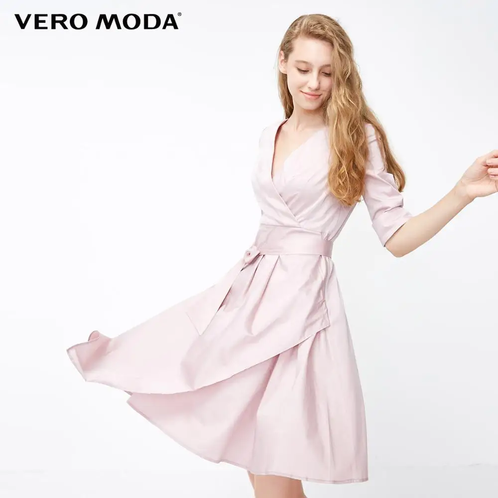 Vero Moda новое рабочее место v-образным вырезом ремни три четверти рукав чистый платье | 31847C512 - Цвет: Lt. pale ling flower