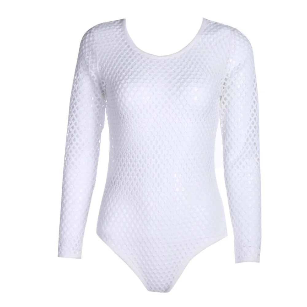 2017 One Piece Swimsuit Sexy Mesh White Bodysuits Long Sleeve Hollow