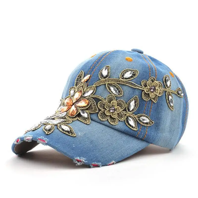 Women's Baseball Cap Diamond Painting Embroidery Flower Denim Snapback Jeans Cowboy Summer Sun Hat