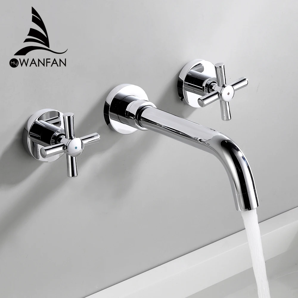 

Basin Faucets Wall Mounted Brass Bathroom Sink Basin Mixer Tap Faucet 3 Pcs Chrome Faucet Dual Handle Bathroom Faucets 855010