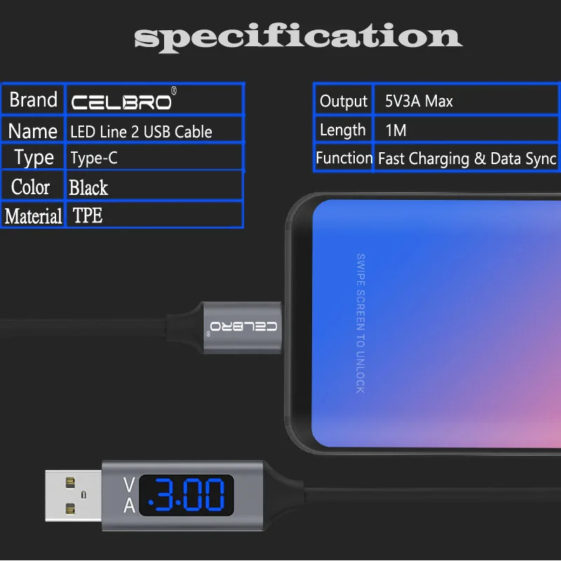 Usb type-C кабель для быстрой зарядки с дисплеем напряжения и тока для Xiao mi 9 mi 8 Lite mi 6 Xiao mi-red mi-note-7 Pro