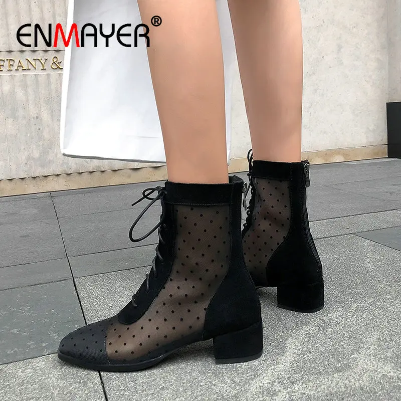 

ENMAYER 2019 Women Boots Elegant Lace-Up Pointed Toe Square Heel Kid Suede Mid-Calf Basic Synthetic Women Shoes Size 34-39