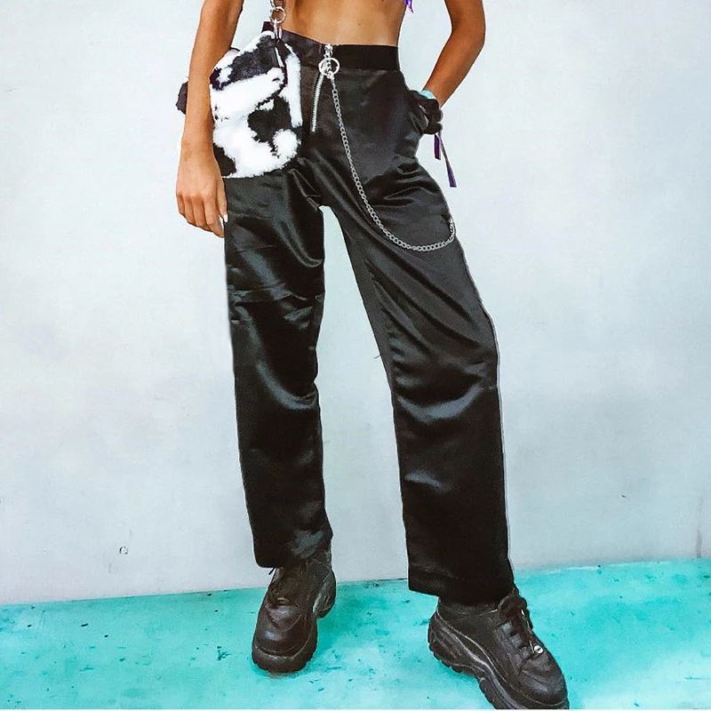 

Black Stain High Waist Pants Women Streetwear Casual Sweatpants Chain Patchwork Bell Bottom Pants Joggers Trousers Autumn