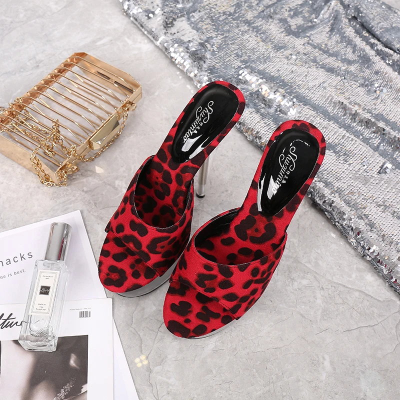 Shoes Woman New Platform Slippers Transparent Crystal Leopard High Heels 15cm Waterproof Shoes Big Size Female Slippers