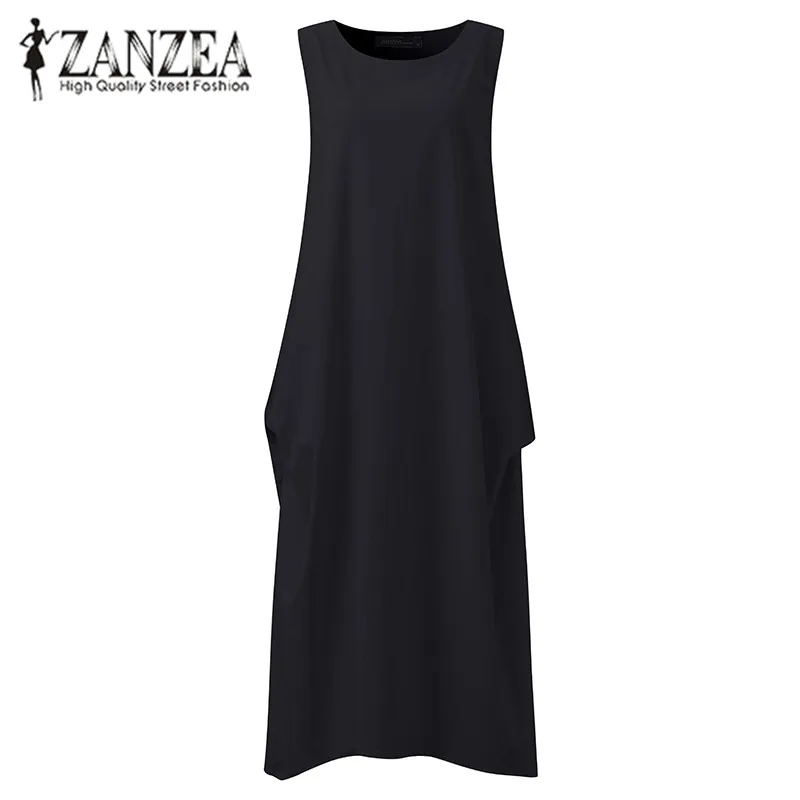 

2019 ZANZEA Vintage Women Sleeveless Crew Neck Summer Party Long Dress Solid Casual Cotton Linen Baggy Beach Vestido Plus Size