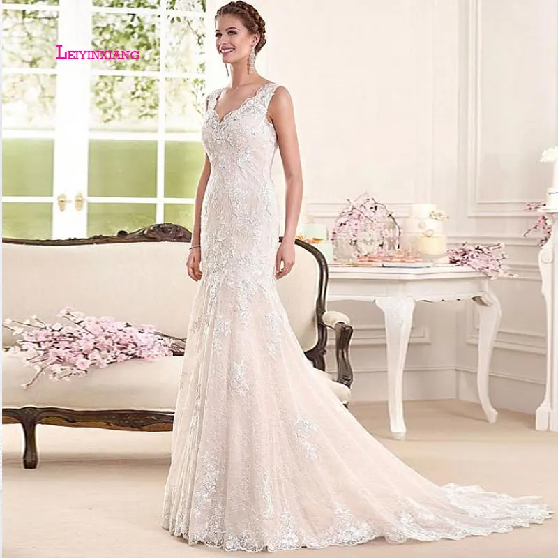 

LEIYINXIANG Elegant New Arrival Wedding Dress Vestidos De Noiva Sexy Mermaid Sleeveless Backless V-Neck Appliques Lace Princess