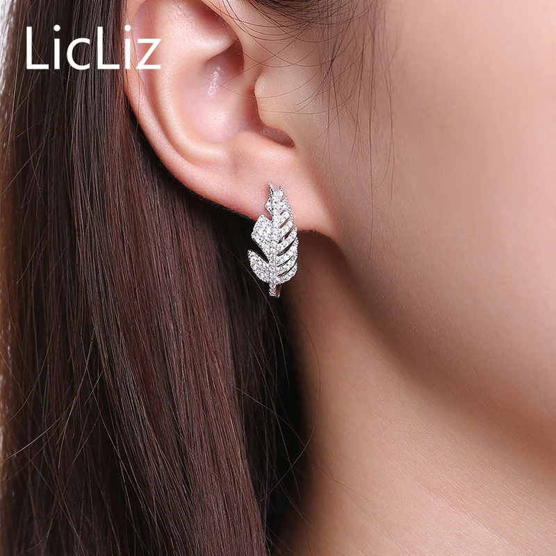 LicLiz, настоящее 925 пробы, серебряные серьги-кольца для женщин, массивные серьги, пирсинг, CZ Циркон, обручи, 925, серьги в виде листьев, LE0282