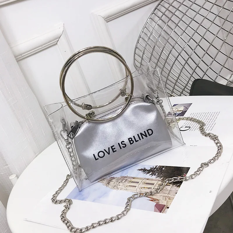 

ABDB-Fashion Women Bag Set Transparent Shoulder Bag+Clutch For Teenage Girls Fashion Jelly Crossbody Bag Circle Handle Tote