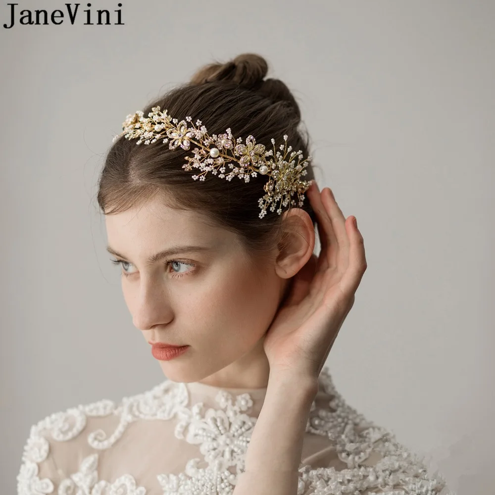 JaneVini Diadema nupcial de lujo con perlas de imitación doradas para