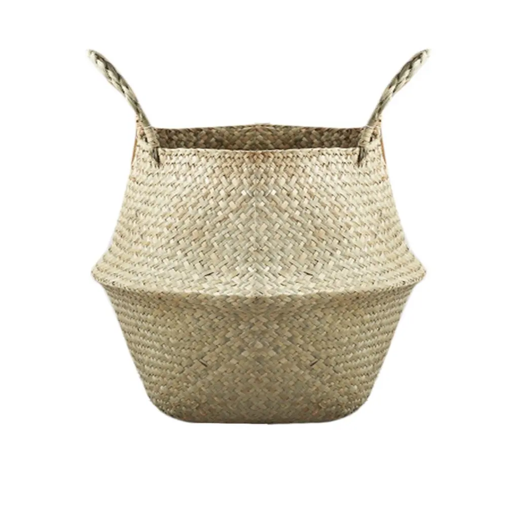 

Household Foldable Natural Seagrass Woven Storage Pot Garden Flower Vase Hanging Basket With Handle Storage Bellied Basket