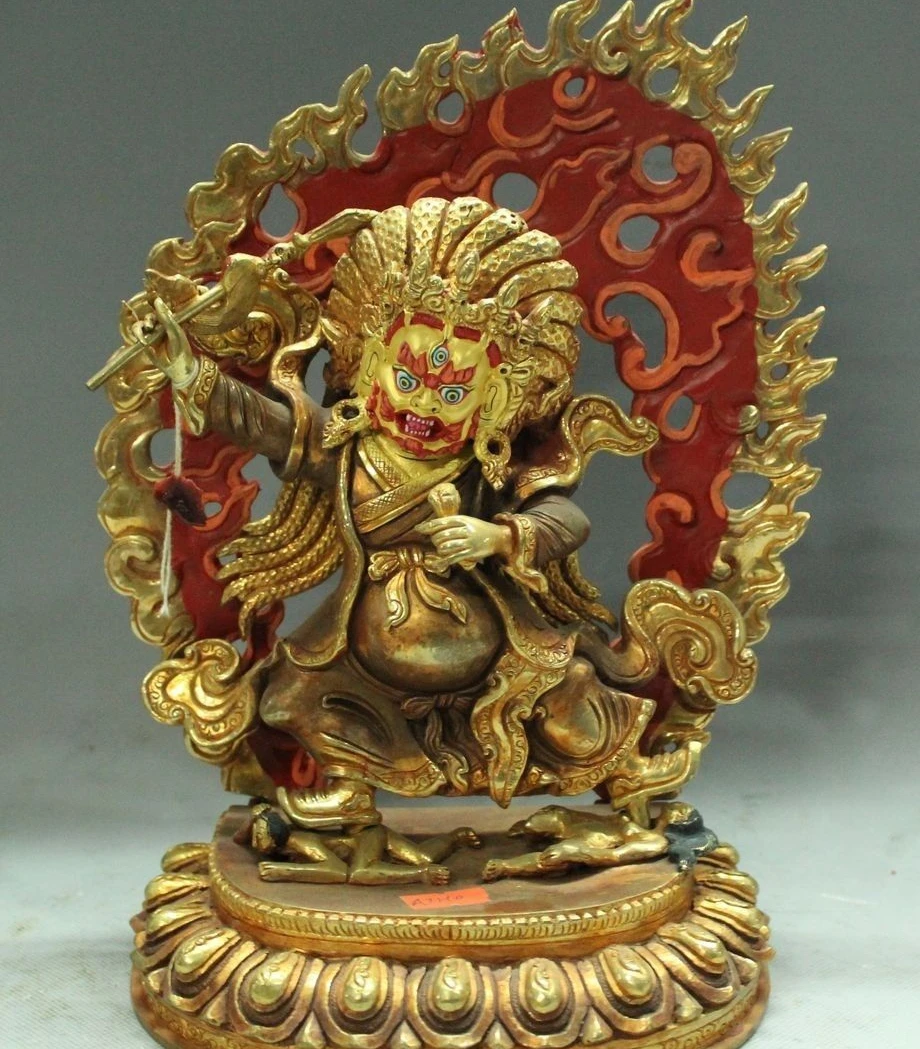 

Free shipping 10"China Buddhism Temple Bronze 24K Gold Stand Mahakala Vajrapani Buddha Statue