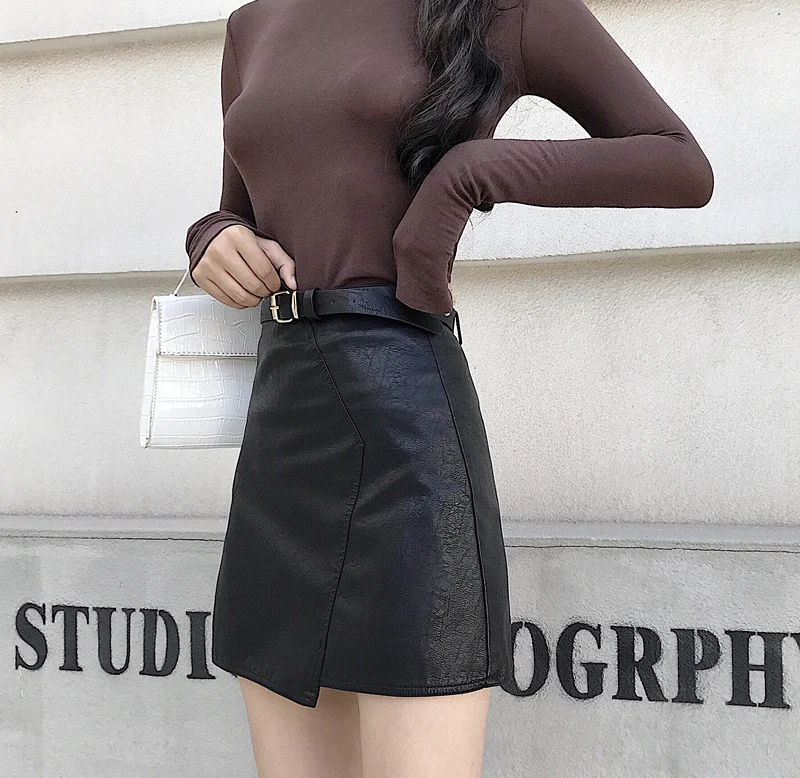 Весенняя женская кожаная юбка с завышенной талией и поясом, Высококачественная мини-юбка цвета хаки и черного цвета, женские юбки в стиле Лолиты