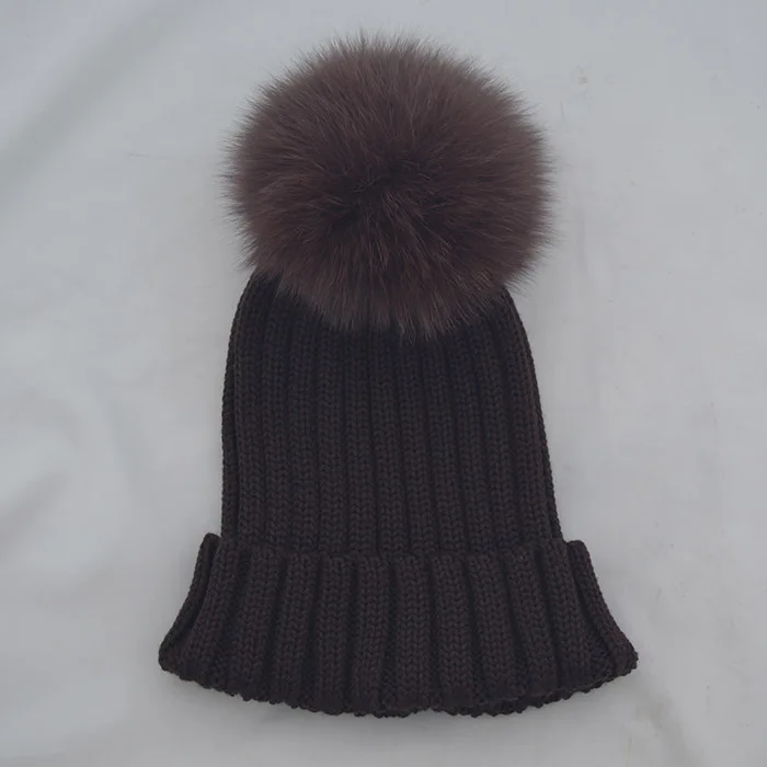 Теплая вязанная шерстяная( меринос) шапка с меховым помпоном - Цвет: brown