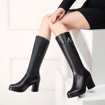 

Concise Nice Women'S Boots Thick High Heel High Quality Warm Leather Boots Trend Zipper Velvet Warm Lady's Solid Boots Female