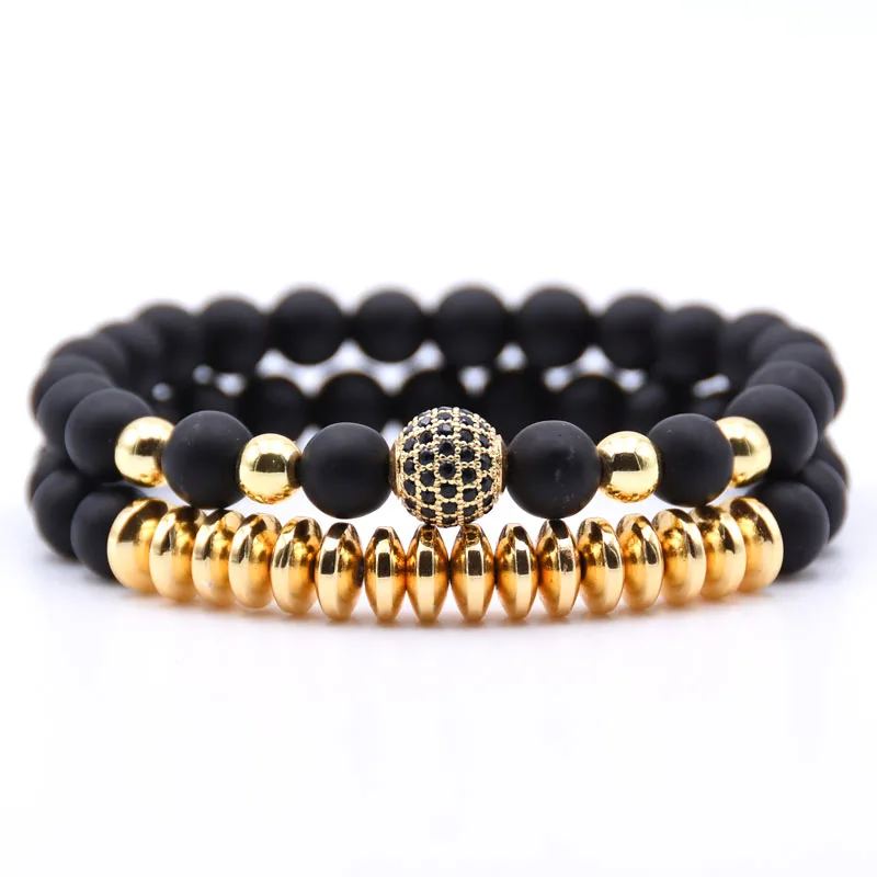 NCRORCN 2pc/set Micro Pave CZ 10mm Disco Ball Charms Bracelets for women 8mm Matte beads stone Bracelet men jewelry bileklik - Окраска металла: gold