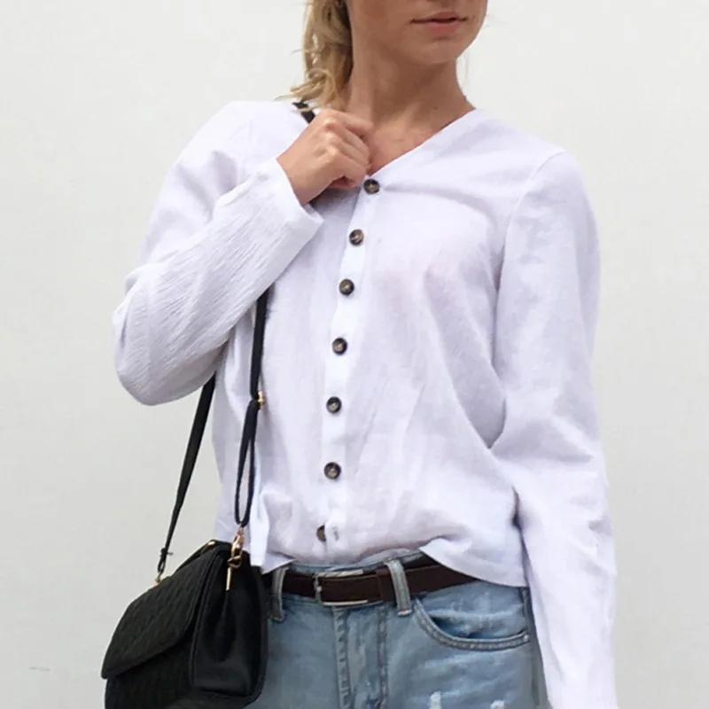 2018 Женская белая блузка с v-образным вырезом с длинным рукавом на пуговицах Повседневная однотонная тонкая рубашка Топы