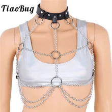 TiaoBug Женская Панк PU кожаная лямка Регулируемая Грудь Жгут пояс металлические цепи с кисточками Готический ошейник Rave сексуальное женское белье