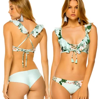

2019 Sexy Lace String Printed Floral Lotus Leaf Swimsuit Bikini Set Swimming Suit For Women Swimwear Bathing Suit Maillot