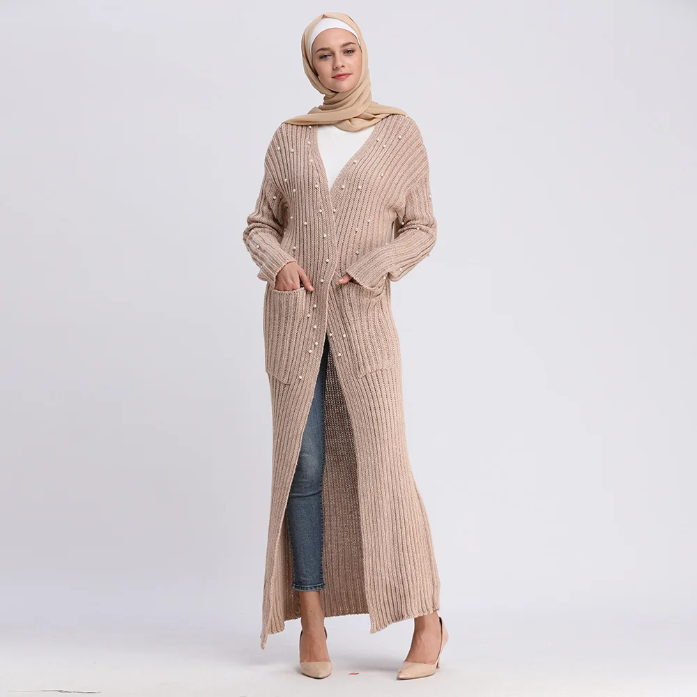 Абаи Дубай, Турция свитер вязаный жемчуг с мусульманский хиджаб платье Абая для женщин Катар джилбаба кафтан турецкая исламская Костюмы - Цвет: Khaki