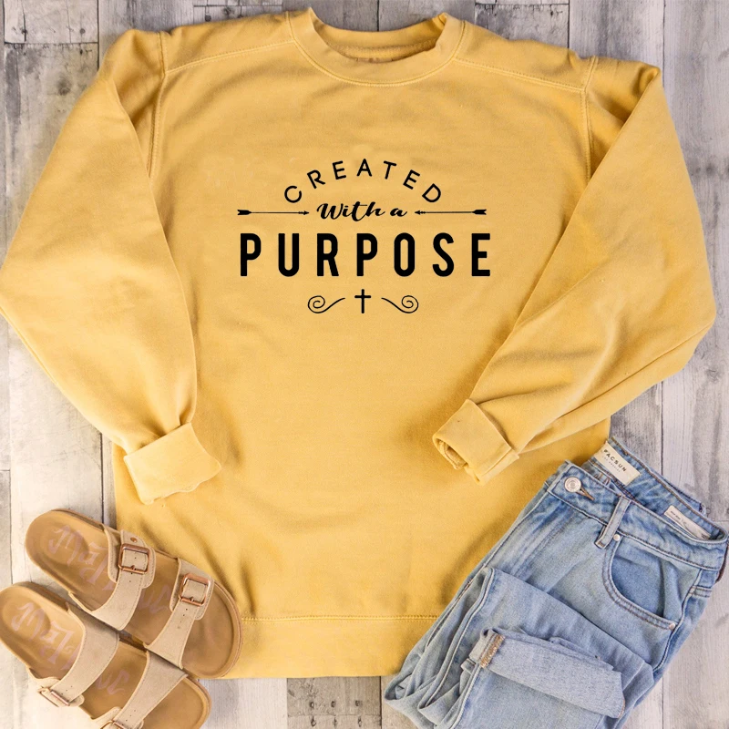 

Created with A Purpose Letter Print Sweatshirts Women Christian Graphic Hoodies Pullover Outerwear Womens Clothes Winter Tops