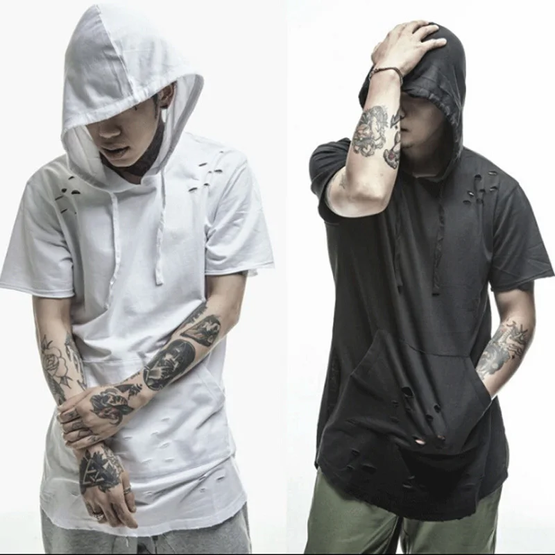 Kanye West BROKLEN Hip Hop Clothing Hole Hooded T shirt Brand Casual Extended Tee Hipster Ripped