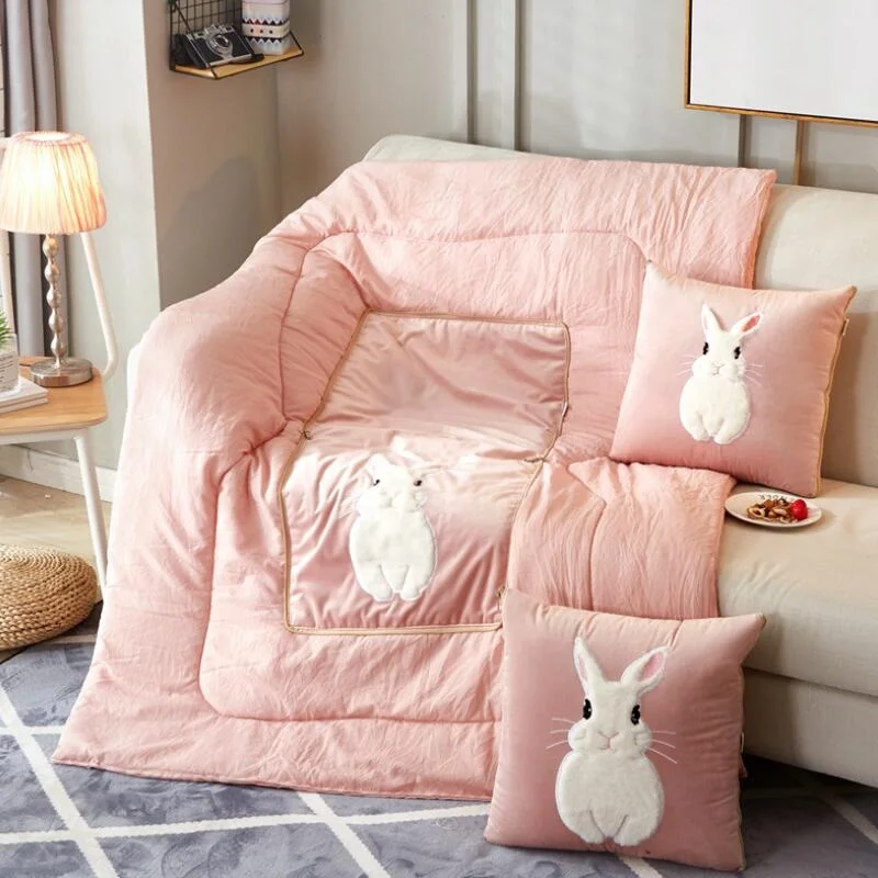 Creative Cute Rabbit Pillow Blanket Foldable Cartoon Blanket Sofa Bed Air Condition Blanket Cushion Travel Warm Blankets