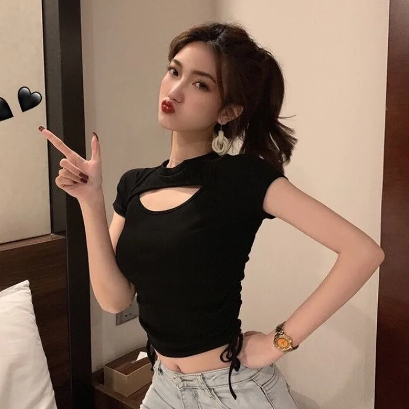 Camisetas verano mujer летняя новая Корейская Сексуальная Открытая укороченная Футболка женская однотонная с коротким рукавом для хипстера черная красная футболка