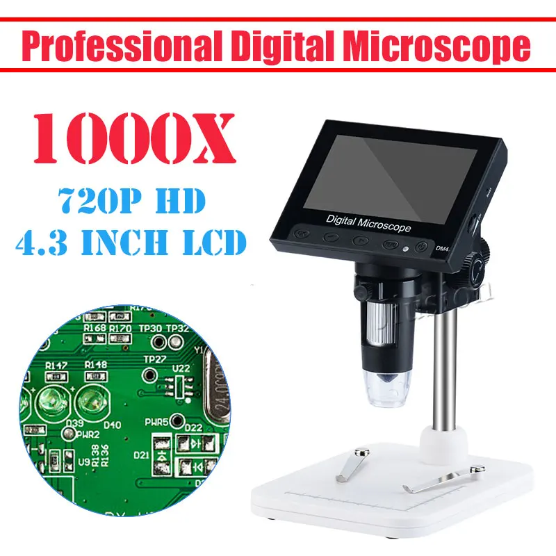

1000X Professional Digital Microscope USB 8pcs LEDs 720P HD 4.3 inch LCD Video Magnifier Mini Micro Camera with Adjustable Stand